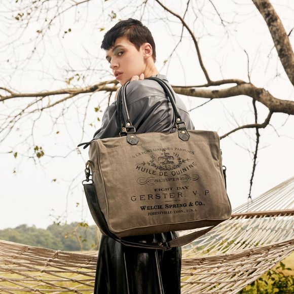 Myra Bag Handmade Grays Messenger Bag Upcycled Canvas & Cowhide Leather - Picture 8 of 8